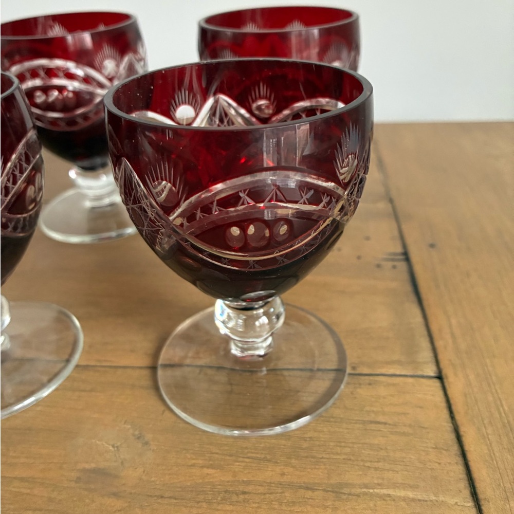 4 Bohemian Cranberry Red  Cut To Clear Crystal Cordial /Wine Glasses